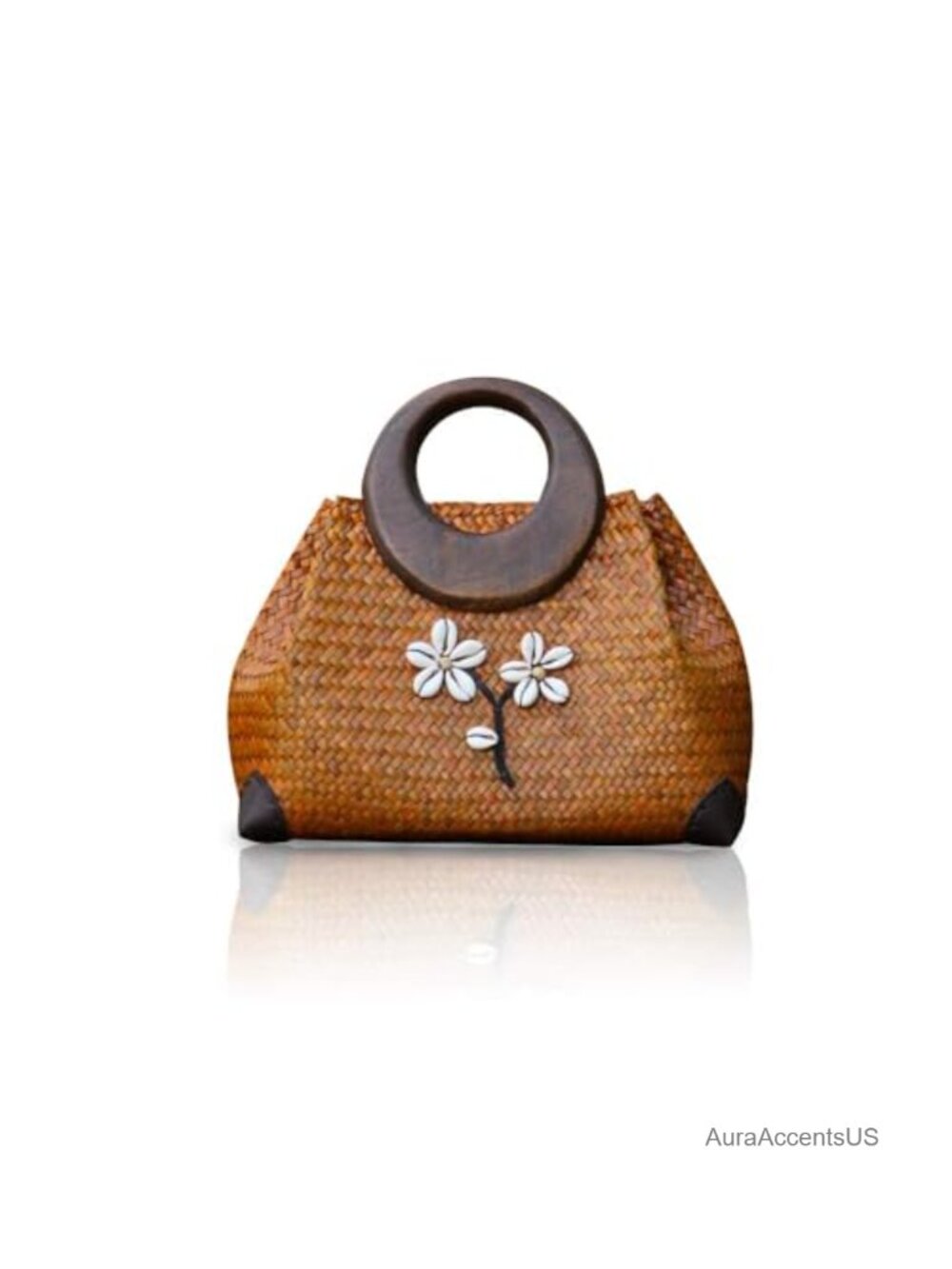 Hand-woven Natural Rattan Straw Bag with Wooden Handle and 3D Shell Flower